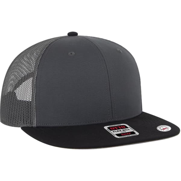A grey mid-profile trucker cap with a black brim and mesh back, featuring a logo on the side.