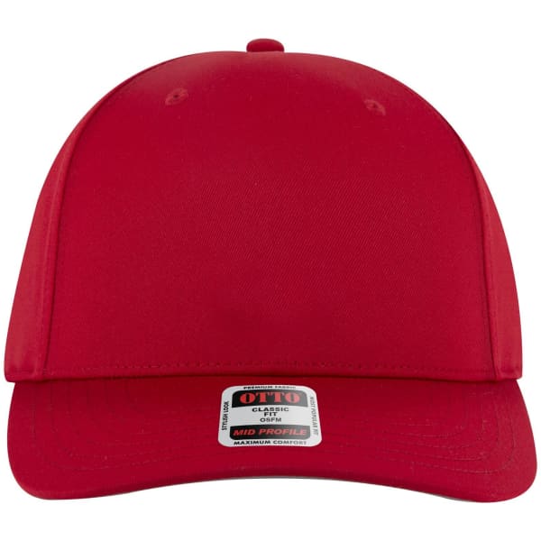 A red seamless six-panel mid-profile baseball cap with a logo on the front.
