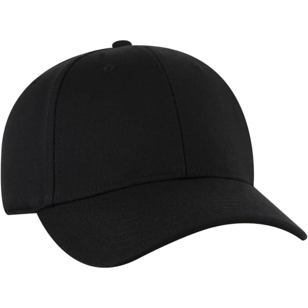 A black low profile baseball cap featuring a six-panel design and a logo.