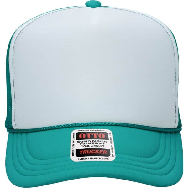 A teal and white 5 Panel High Crown Trucker Cap featuring a large front panel and a logo on the underside.