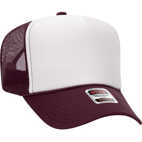 A high crown trucker cap in burgundy and white, featuring a solid front panel and mesh back. It has a logo.