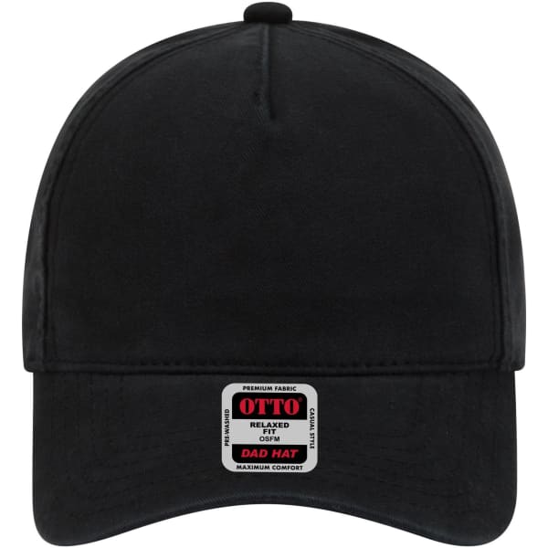 A black 5 Panel Low Profile Dad Cap featuring a logo on the front. The cap has a relaxed fit design.