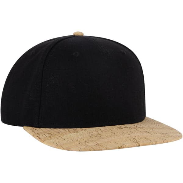 A black snapback cap with a cork brim, featuring a button on top and side ventilation holes.