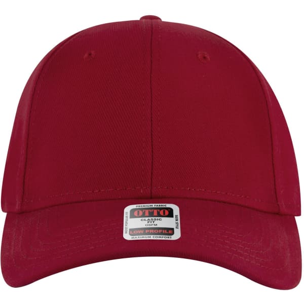 A red 6 panel low profile baseball cap featuring a logo on the front.