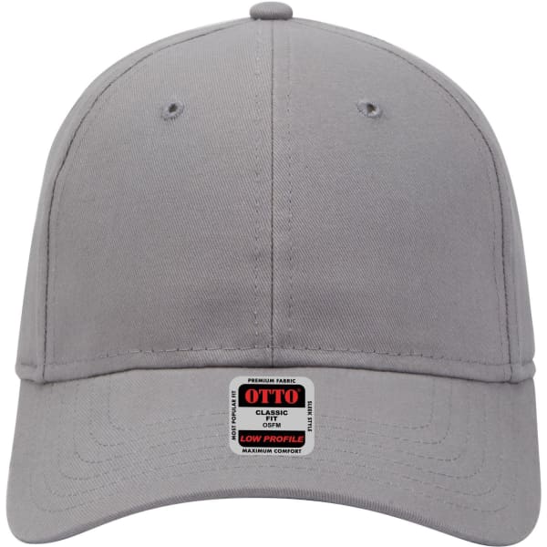 A grey six-panel low-profile baseball cap with ventilation holes and a small logo label on the front.