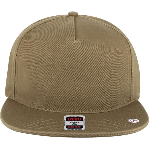 A khaki 5 Panel Low Profile Dad Cap with a flat brim and a logo on the front.