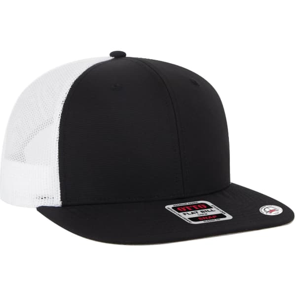 A black and white 6 panel mid profile trucker cap with a mesh back and a logo on the side.