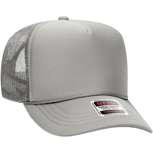 A grey 5 Panel High Crown Trucker Cap with mesh back and a logo on the front.