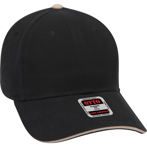 A black 6 panel low profile baseball cap with a contrasting beige peak and a logo on the front.