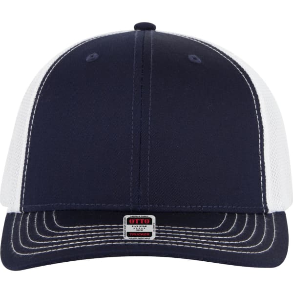 A navy blue and white 6-panel mid-profile trucker cap with a mesh back and a logo on the front.