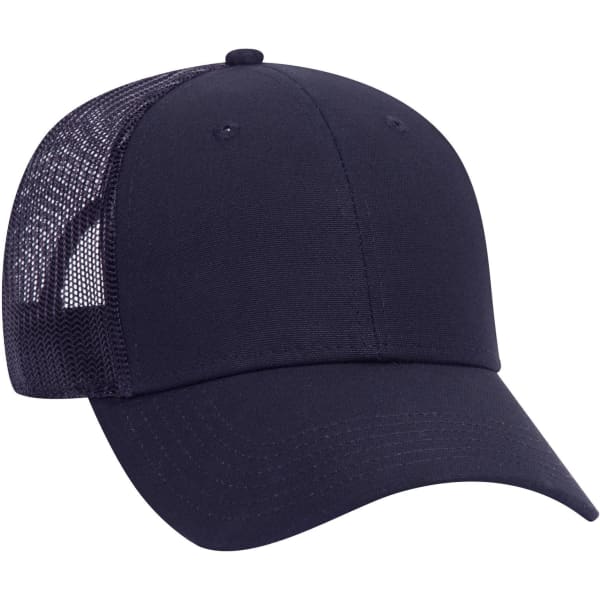 A navy blue 6 panel low profile trucker cap with a mesh back and a curved peak, featuring a logo on the front.