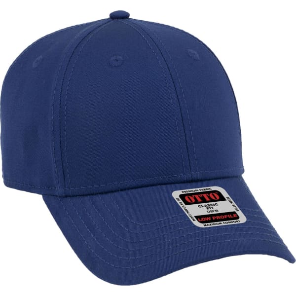 A navy blue 6 panel low profile baseball cap with ventilation holes and a branding logo on the side.