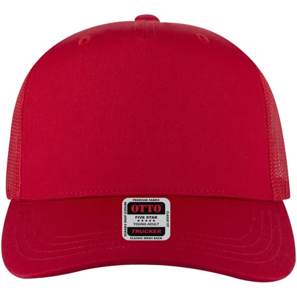 A red 5-panel mid-profile trucker cap with mesh sides and a branded label on the front.