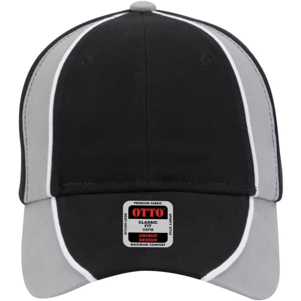 A black and grey 6-panel low profile baseball cap with a logo on the front.