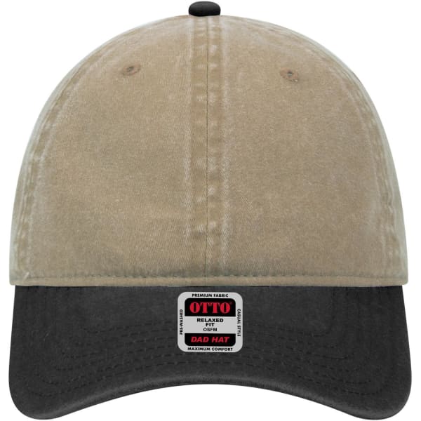 A low-profile dad cap featuring a beige upper and a black brim, with a logo sticker on the front.