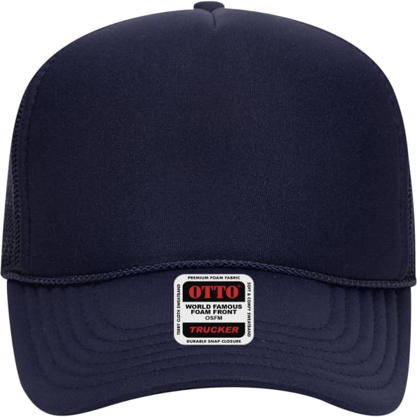 A navy 5 panel mid-profile trucker cap with a mesh back and a front patch logo.