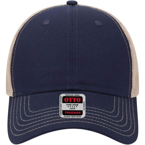 A navy and beige 6-panel low profile trucker cap featuring a mesh back and a logo on the front.