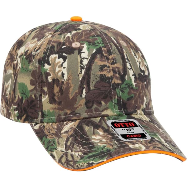 A camo baseball cap featuring a low profile design and orange accents. It includes a logo on the front.