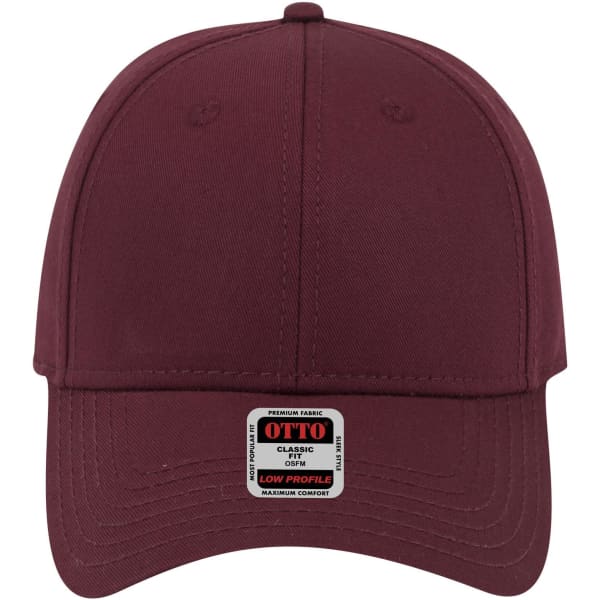 A burgundy 6 panel low profile baseball cap featuring a logo label on the front.