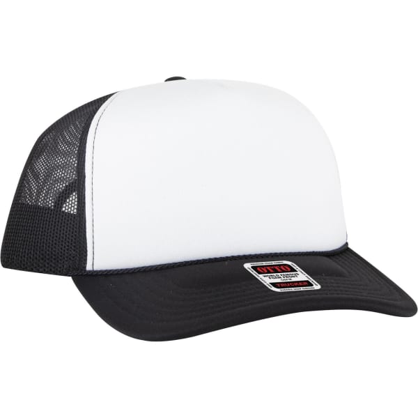 A 5 panel high crown trucker cap featuring a white front and black mesh sides and brim. It has a branding label attached.