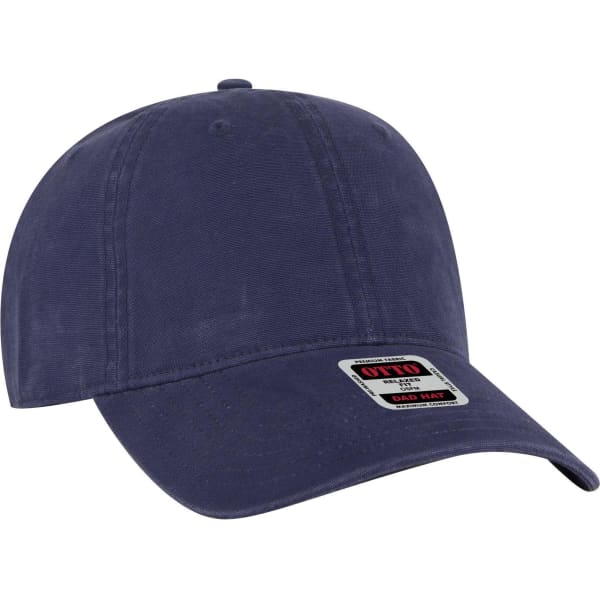 A navy blue 6 panel low profile dad cap with a logo on the front and a curved brim.