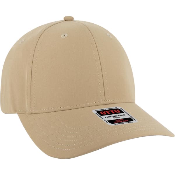 A beige 6 panel low profile baseball cap featuring a logo on the front and stitched detailing on the brim.
