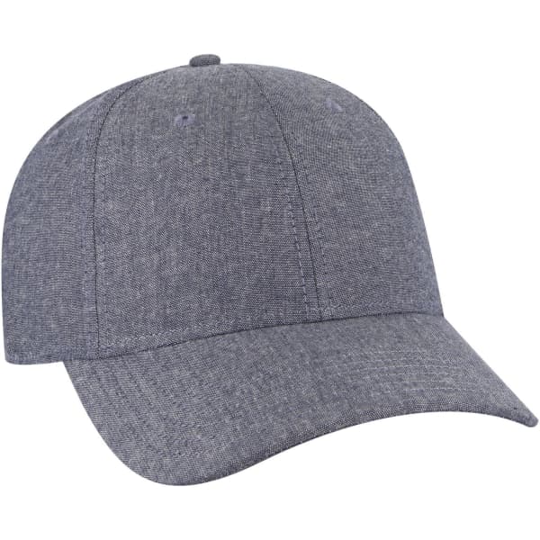 A grey 6 panel low profile baseball cap with stitching details and a logo on the front.
