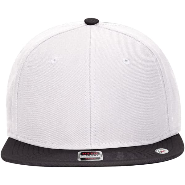 A snapback cap with a white upper and a black brim, featuring ventilation holes and a logo.