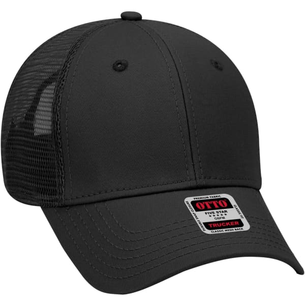 A black 6 panel low profile trucker cap with a mesh back and a logo on the front.