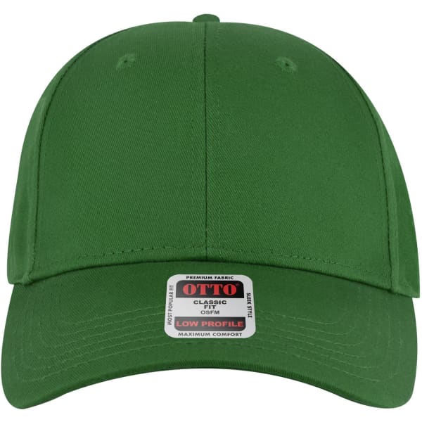 A green 6-panel low profile baseball cap with a branded label on the front.