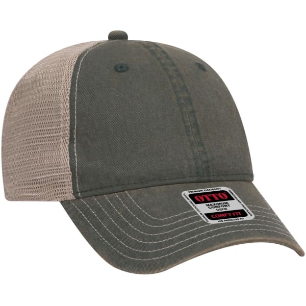 A 6-panel low profile soft polyester baseball cap in olive green and beige, featuring a logo on the front.