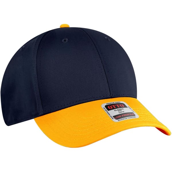 A low profile baseball cap featuring a navy blue body and a bright yellow peak, with a logo on the front.