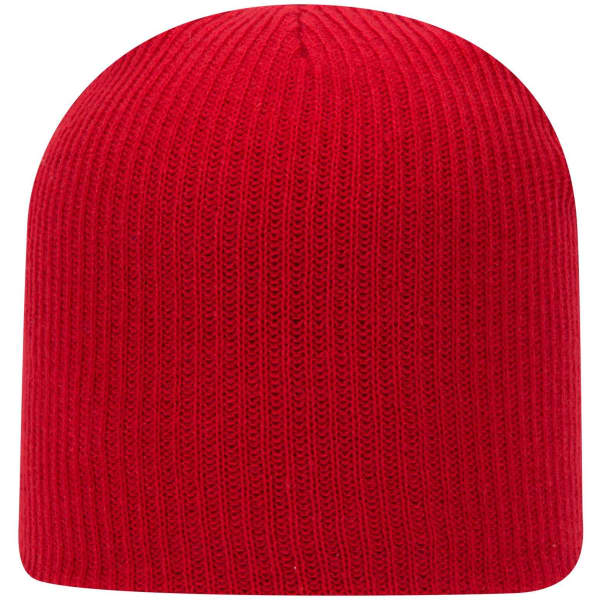 A red rib knit beanie with a seamless design and a logo.