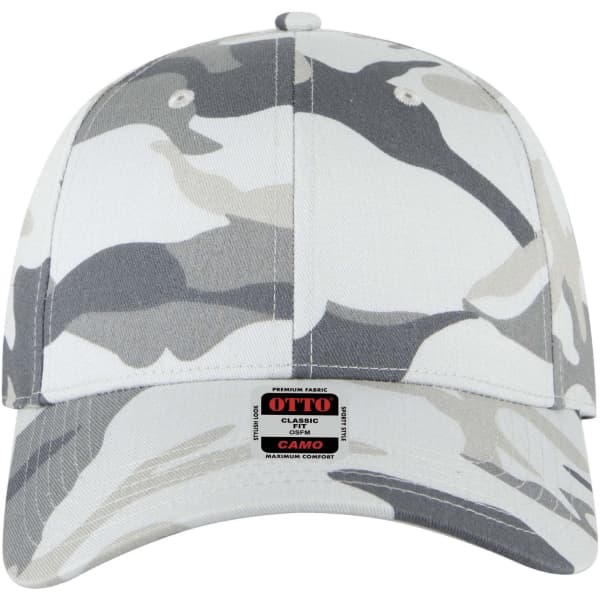 A low profile baseball cap in grey and white camouflage, featuring a logo on the front.