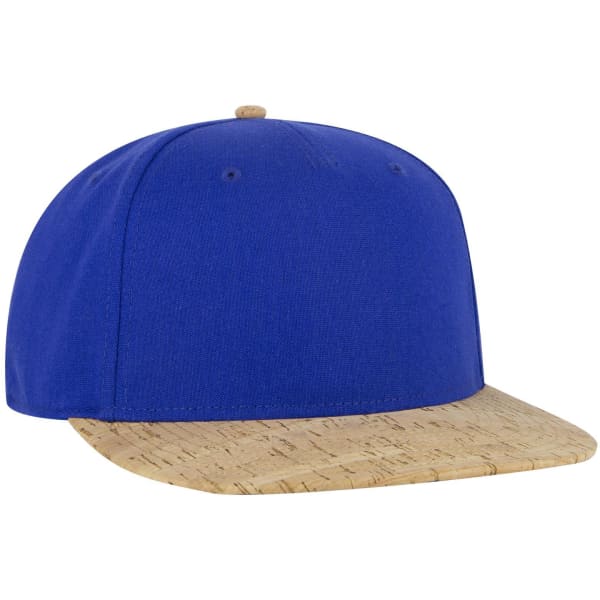 A blue snapback cap with a cork brim and a logo on the front.