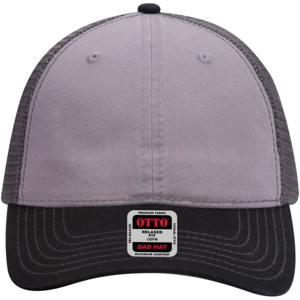 A grey and black 6-panel low profile trucker dad cap with a branded label on the front.