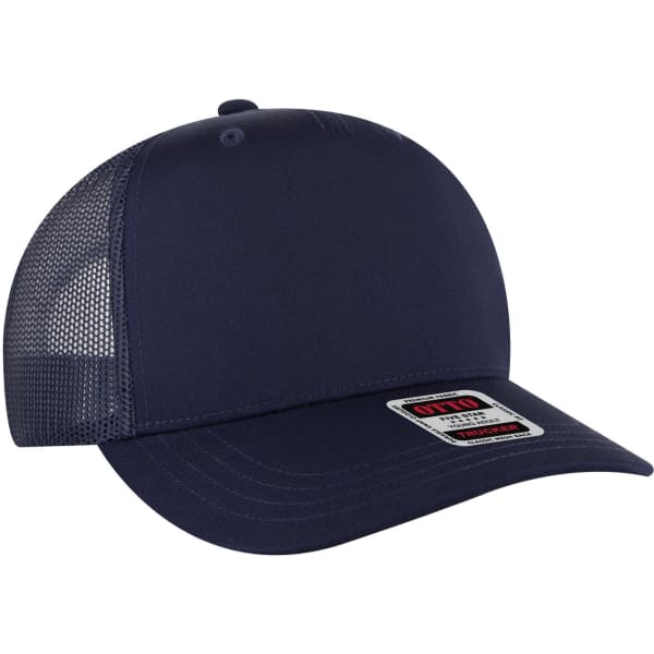 A navy blue 5 panel mid profile trucker cap with a mesh back and a branded label on the front.