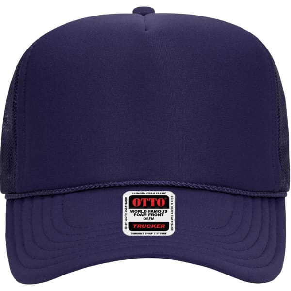 A navy blue 5 Panel High Crown Trucker Cap featuring a mesh back and a logo patch on the front.