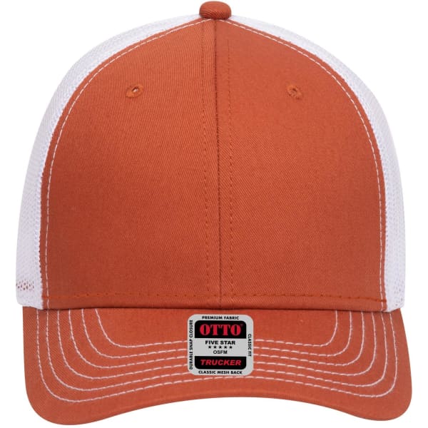 An orange 6 Panel Low Profile Trucker Cap with a white mesh back and a logo on the front.