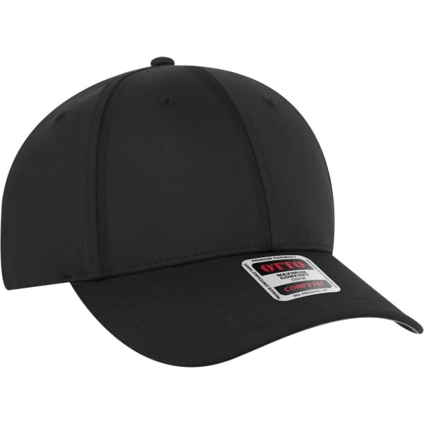 A black six-panel low profile baseball cap with a branded logo on the front.
