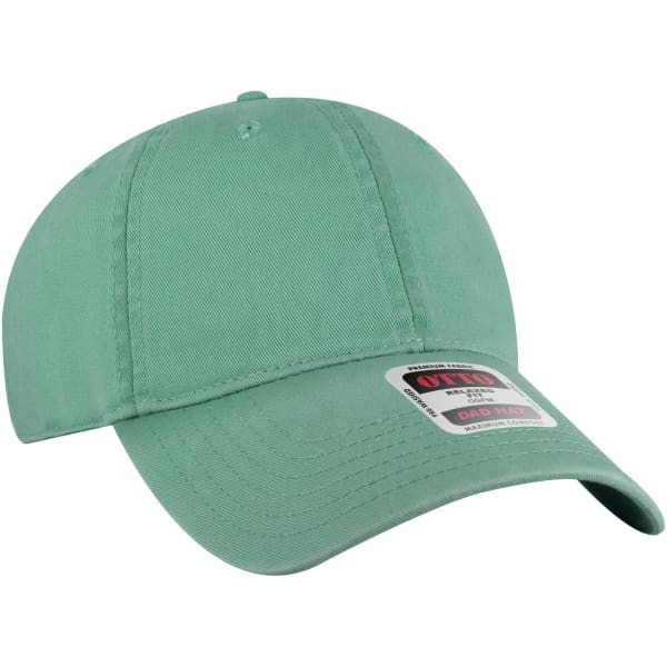 A light green 6-panel low-profile dad cap featuring a logo on the front.
