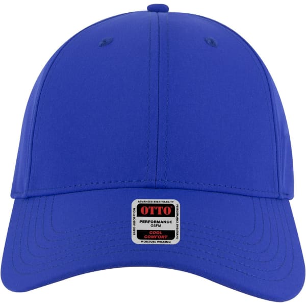 A blue 6 panel low profile baseball cap with a logo on the front.
