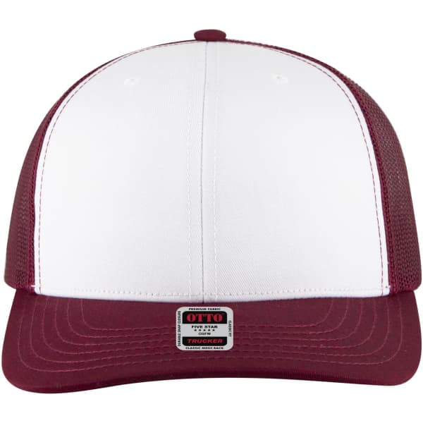 A maroon and white 6 panel mid profile trucker cap with a mesh back and a label on the front.