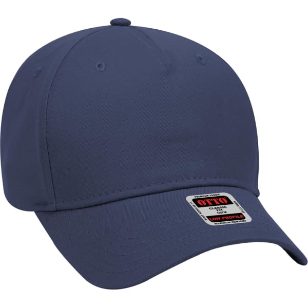 A navy blue 5-panel low profile baseball cap with an adjustable strap and a logo on the front.