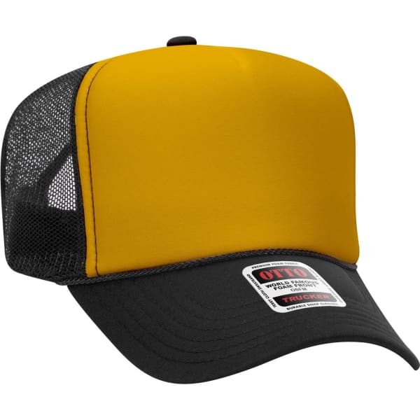 A yellow and black 5 Panel High Crown Trucker Cap with a mesh back and a logo on the front.
