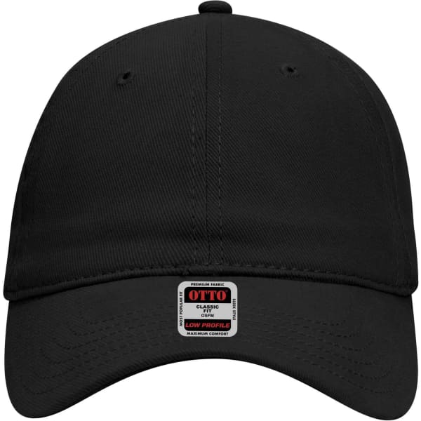 A black 6 panel low profile baseball dad cap with a logo on the front.
