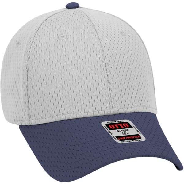 A low-profile six-panel baseball cap in grey and navy, featuring a logo patch on the front.
