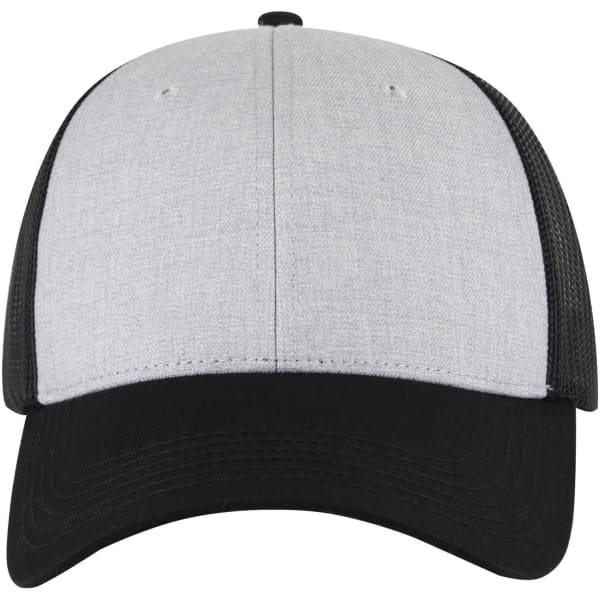 A grey and black 6 panel low profile trucker cap featuring a mesh back and a solid front panel.