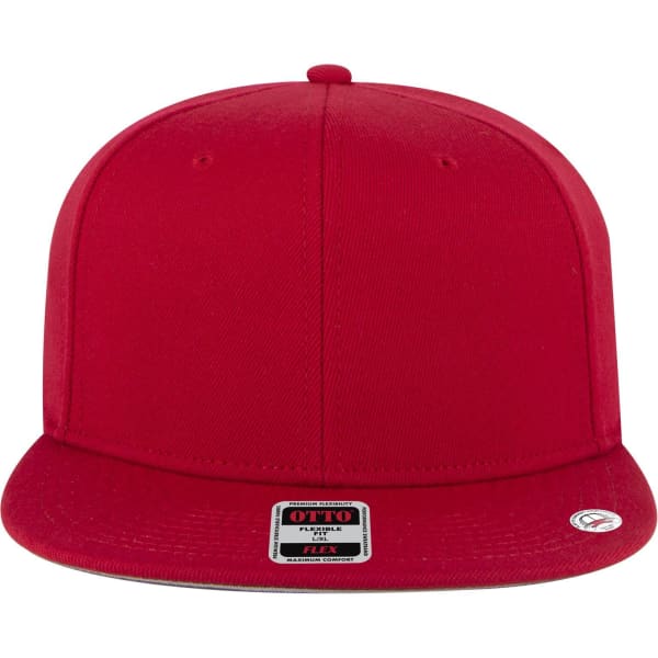 A red 6 panel mid profile style baseball cap with a flat brim and a logo label on the front.