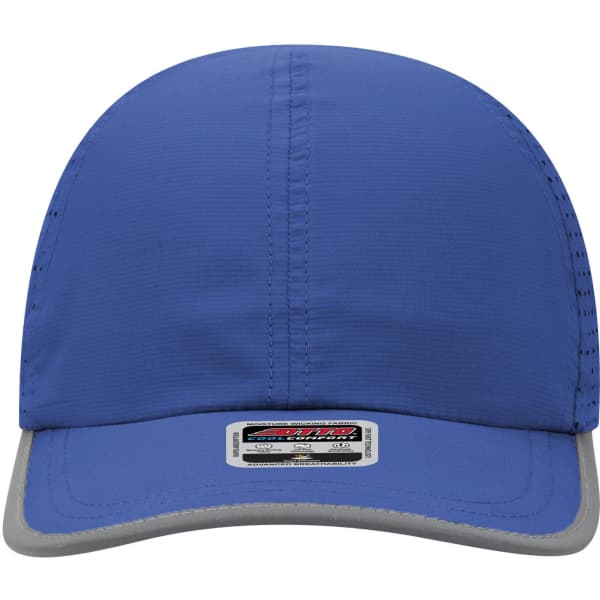 A reflective 6-panel running cap in bright blue with a grey brim and a logo on the front.